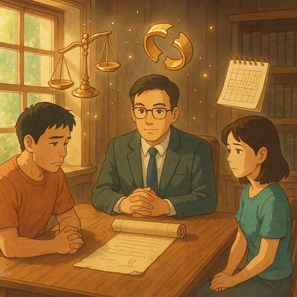 高解析吉卜力風格,木質事務所中台灣律師與一對台灣夫妻諮詢離婚;柔和自然光灑落,手繪質感溫暖而奇幻。天平、破裂戒指與卷軸契約、日曆光點在空中輕漂,寓意協議、監護與時間安排;畫面無文字。