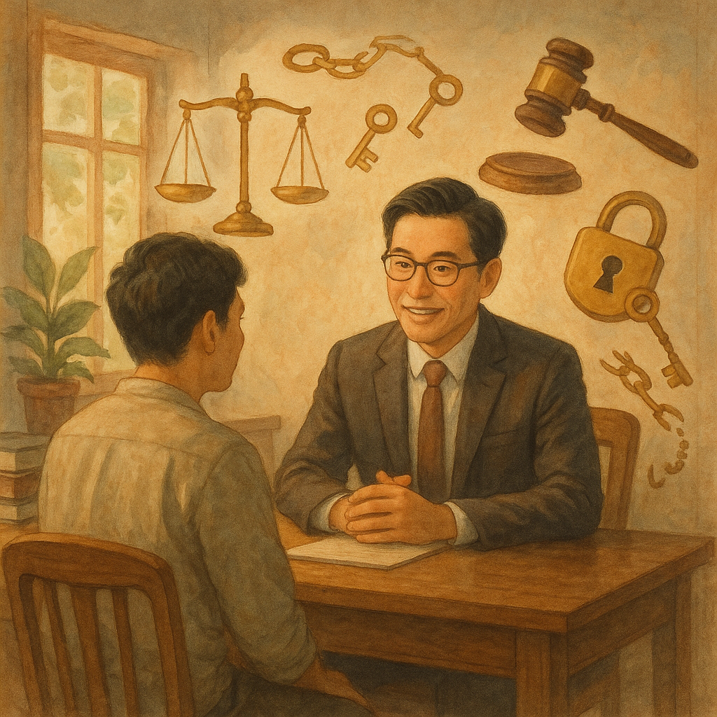 溫暖木質事務所裡,台灣人律師與當事人對談;自然光柔和灑落,手繪質感與柔色。周圍漂浮天秤、法槌、鎖與鑰匙、鬆開的細鏈,象徵強制罪的解套與諮詢。無文字,奇幻寫實、電影感。