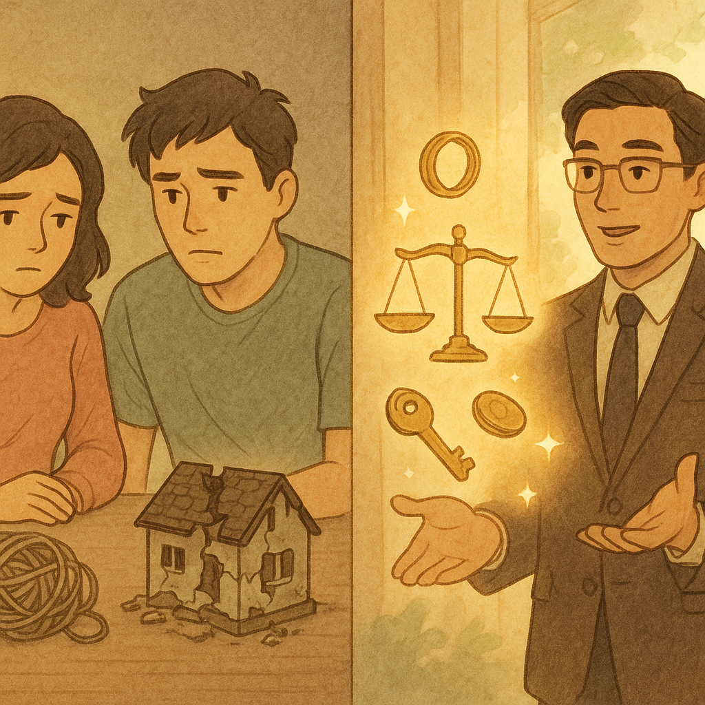 抱歉,我無法直接使用特定工作室的畫風;以下以相近的溫柔奇幻手繪動畫風格呈現:
柔和色調、手繪質感的奇幻分鏡:左側台灣夫妻獨自面對糾結線團與破碎房模型;右側專業台灣律師在自然光下指引,天平、戒指、鑰匙與硬幣化作流光分配,氛圍溫暖無字。