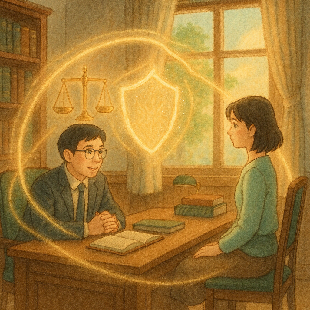 吉卜力風高解析插畫，柔和色調與手繪質感：台灣律師與當事人在溫暖木質事務所對坐，窗外晨光灑入。漂浮的天秤與發光護盾環繞，界線化作柔和光帶，象徵妨害性自主之防護與療癒。無文字。