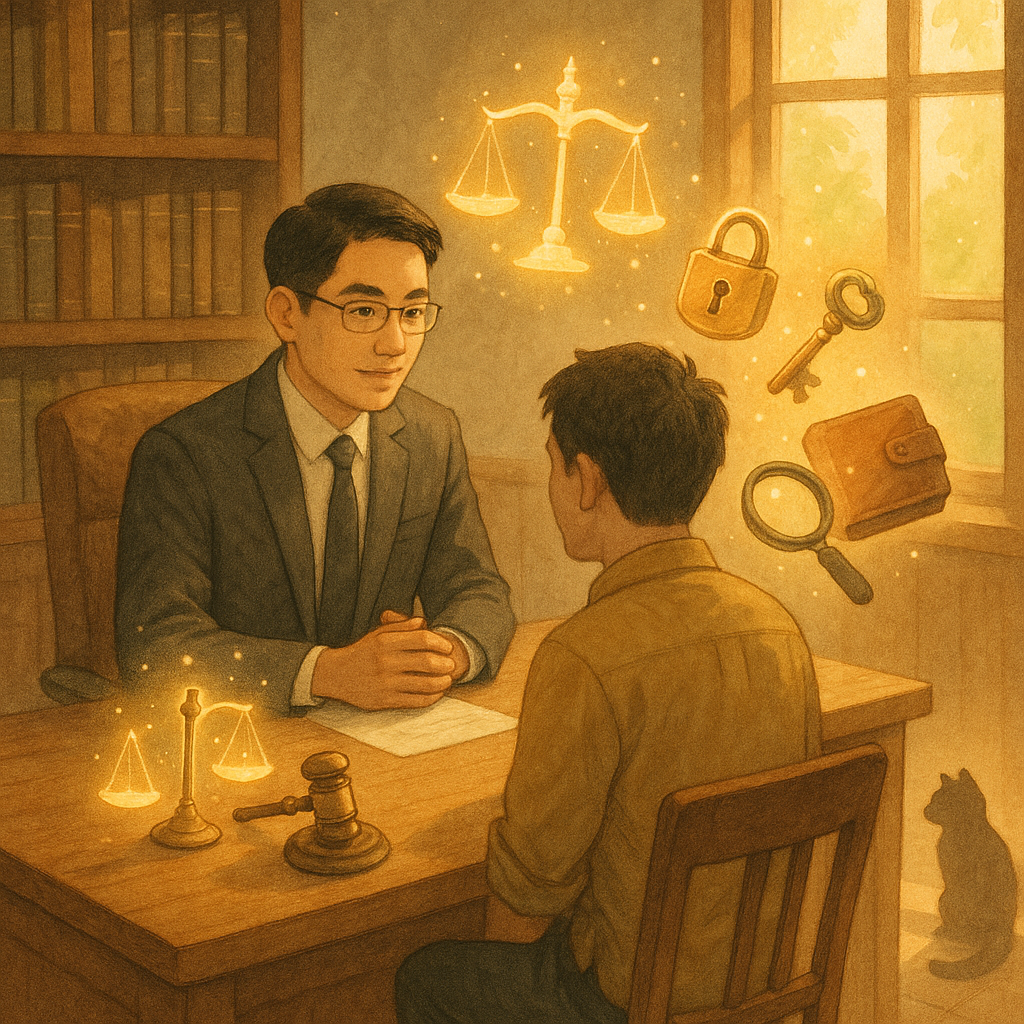 暖陽灑入木質律所,台灣律師與民眾對坐諮詢;桌上小天平、鎖與鑰匙、放大鏡與皮夾等象徵漂浮微光,角落溫馴狸貓剪影守望,柔和手繪質感與自然光影,奇幻卻專業、無文字。