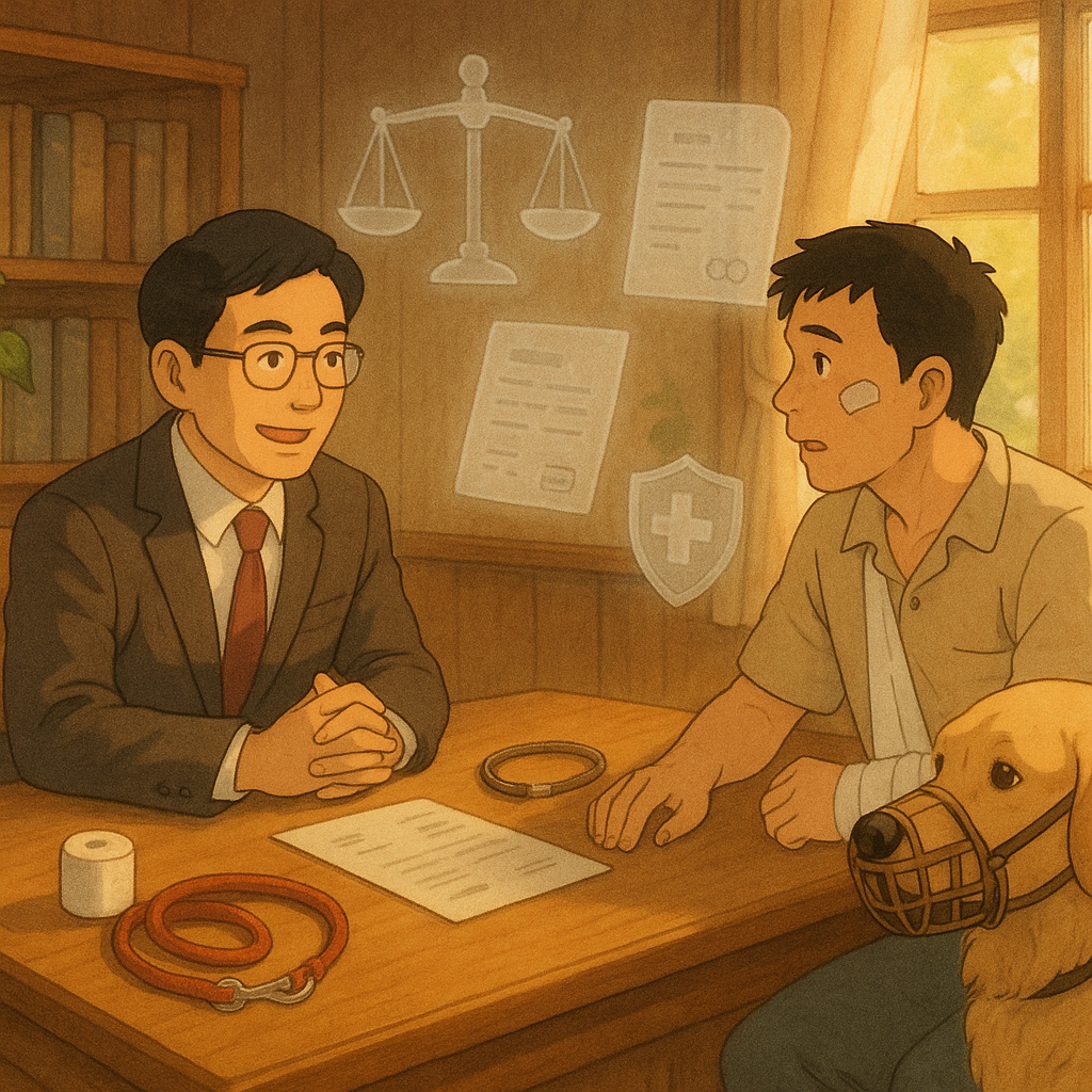 吉卜力風格的溫暖場景：台灣人律師與受傷飼主在木質事務所諮詢，柔光灑落。桌上有繃帶與狗鏈，旁邊溫順犬戴口套。半透明象徵飄浮：天平、合約、醫療收據與保險盾牌，細膩手繪質感，無文字，兼具現實與奇幻。
