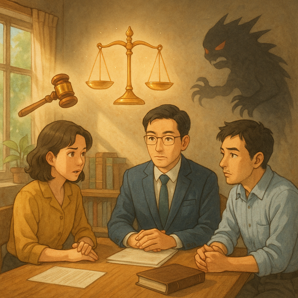 吉卜力風格的溫暖辦公室裡,柔和自然光與手繪質感包裹場景,表情細膩的台灣專業人士圍坐諮詢,法槌與正義天秤化作柔光漂浮,陰影紙獸悄然散去,象徵職場霸凌的終結與法律守護。