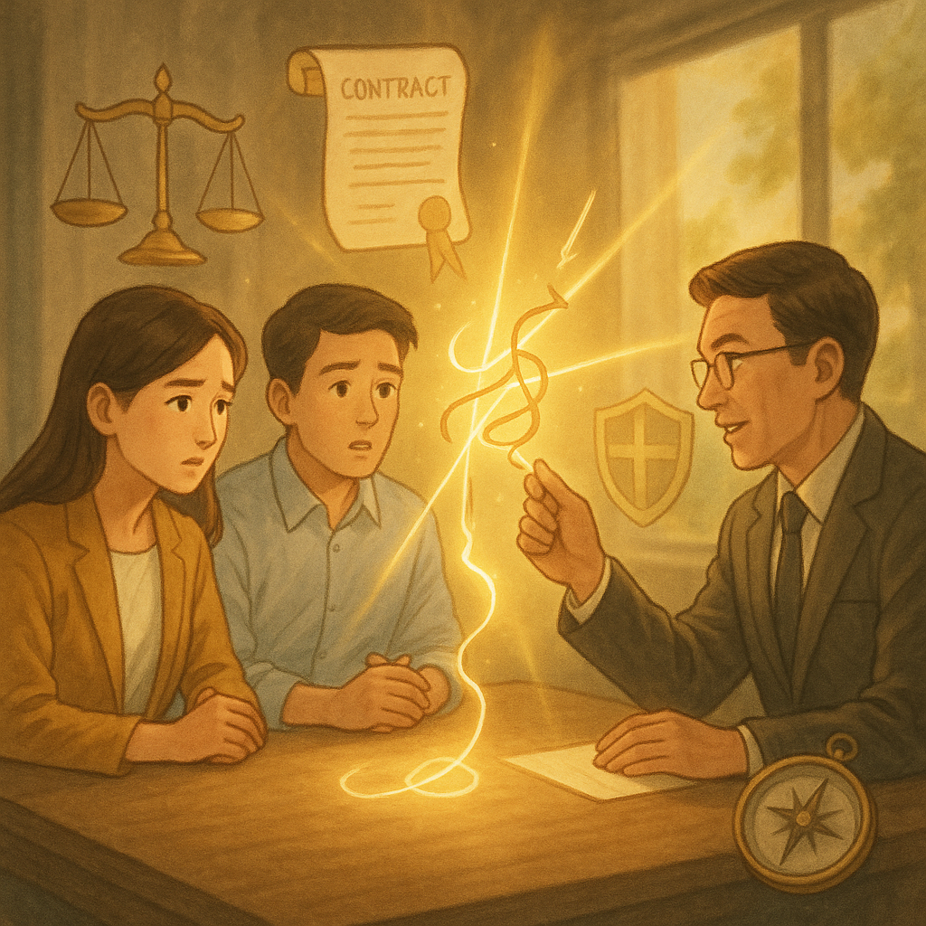 抱歉，我無法直接採用特定在世創作者的風格；以下提供具相似特質的通用動畫風格描述：

柔和色調與自然光下，兩位台灣職場人士與律師對談；霧狀操控線在金色光束中解開，周圍漂浮天秤、契約卷軸與盾牌、羅盤，手繪質感、電影感奇幻氛圍，人物表情細膩，引導行動。