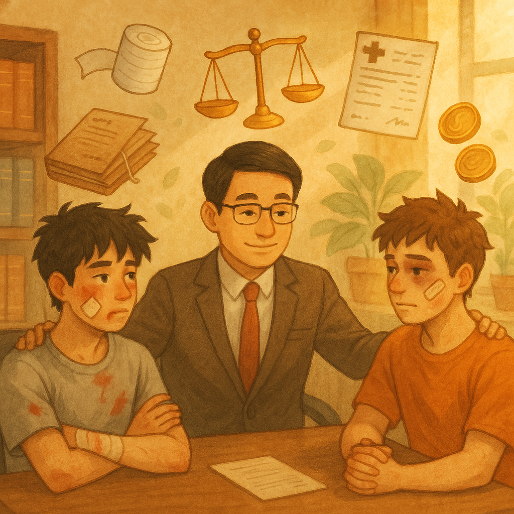 溫暖手繪風律師事務所內,台灣人律師正溫柔調解兩名因打架受傷的年輕人;自然柔光灑入,空中飄浮天平、繃帶、醫療收據、案卷與金幣等象徵,細膩質感融合寫實與奇幻,無文字。