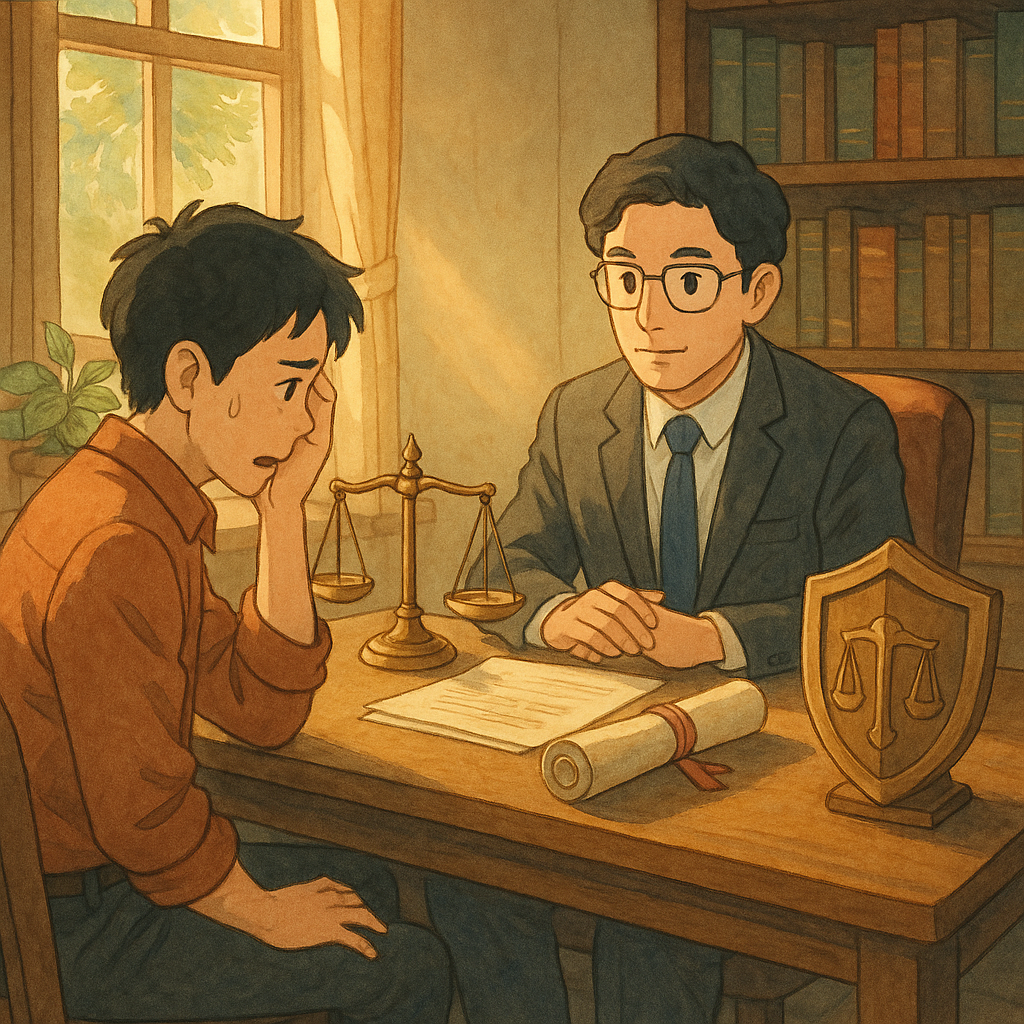 吉卜力般溫潤手繪風辦公室裡，一位台灣律師與受職場霸凌的台灣員工對坐諮詢、表情鮮明；窗外光灑入，桌上浮現天秤、合約卷軸與守護盾牌，柔和色調、奇幻細節營造溫暖莊重的法律爭議氛圍，畫面無文字。