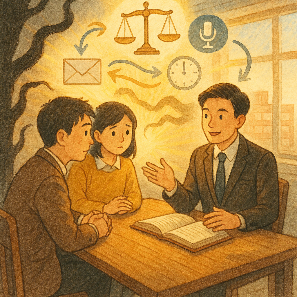 溫暖手繪日系奇幻風：兩位台灣上班族與律師在陽光木桌諮詢，辦公樓上方漂浮天秤、流程箭頭與信封、錄音與時鐘等證據符號；陰影觸手象徵情緒勒索，被金色光束驅散。