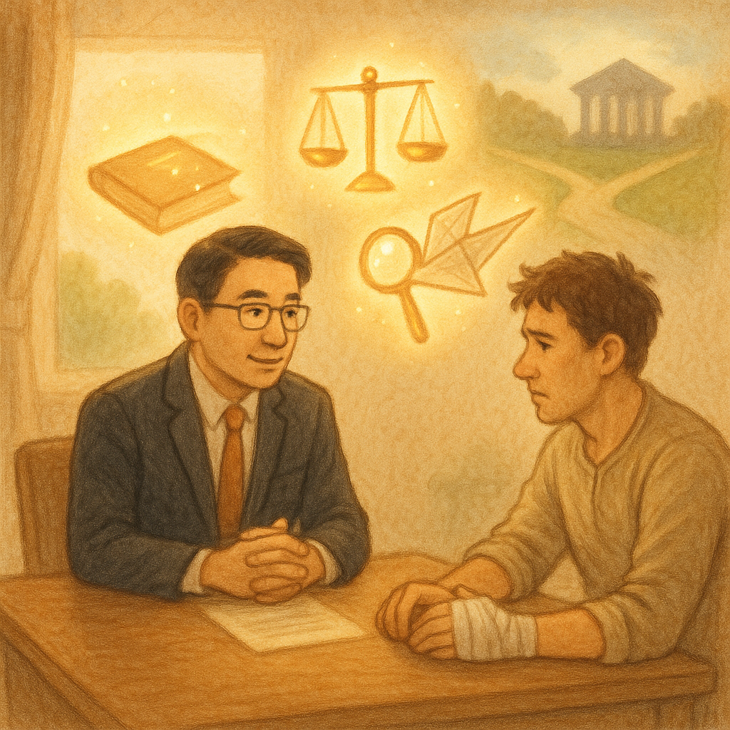 溫暖手繪、自然柔光下的法律諮詢室：台灣律師與手纏繃帶的當事人對坐，空中漂浮發光的天秤、放大鏡與案卷化作紙鶴，遠處法庭剪影與分岔小徑象徵案例研究與爭議挑戰。