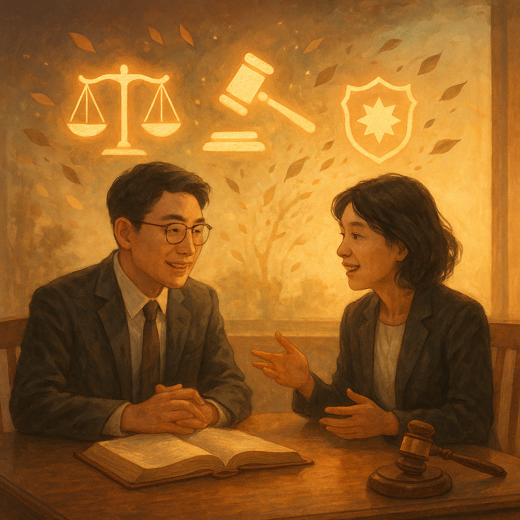 黃昏柔光下,兩位台灣人律師在木質書桌前溫和諮詢,一旁浮現天平、法槌與警徽的發光圖標;半透明屏障化為飛散葉片,象徵妨害公務被釐清與化解,細膩電影感手繪質感溫暖奇幻,無文字。