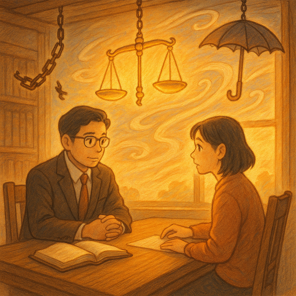 暖色夕光中，台灣律師與當事人於木質會議桌諮詢，神情專注而溫暖，柔和手繪質感，奇幻吉卜力風格。天花垂落發光天秤、破碎鎖鏈與守護傘環繞，微風化作隱形壓力的旋渦被光驅散，象徵強制罪結論與救濟。畫面無文字。