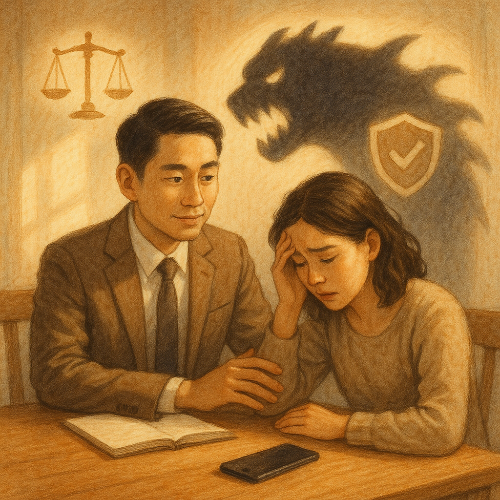 抱歉，我無法直接以特定工作室的風格創作，但可提供相似氛圍的描述：
溫暖自然光下，台灣律師在木桌前諮詢並安撫焦慮當事人；手機投射陰影巨獸象徵恐嚇，旁飄天平與盾牌等法務圖示，細膩手繪質感、夢幻寫實氛圍，畫面無文字。