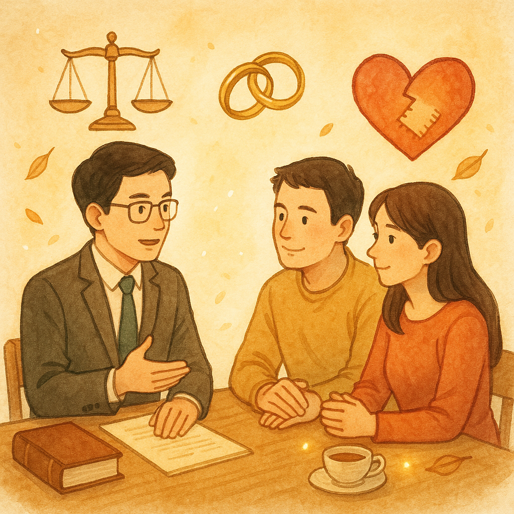 抱歉，我不能直接以特定工作室的風格創作；以下提供相似氛圍的通用手繪風描述：
柔和手繪風高解析插畫：台灣律師於溫暖陽光下諮詢夫妻，天平、婚戒與修補的心形符號環繞，卷宗與茶杯旁有微光與飛舞落葉，畫面無文字。