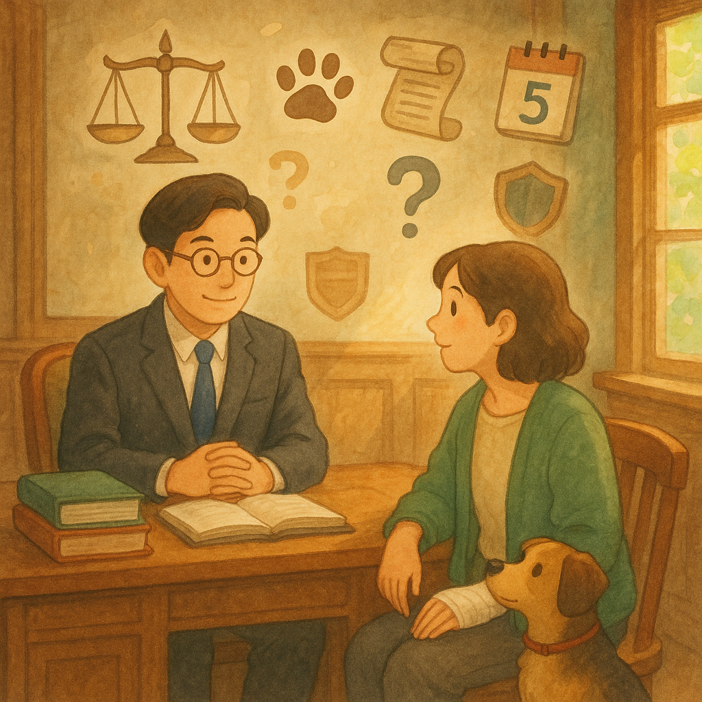 吉卜力式奇幻氛圍中，台灣律師與飼主在溫潤木質事務所相談；窗外柔光灑落，毛孩（小狗）乖坐一旁，飼主手纏紗布。空中漂浮天秤、爪印、卷宗、問號與日曆、盾牌等符號，高解析手繪質感與柔和色彩，無文字。