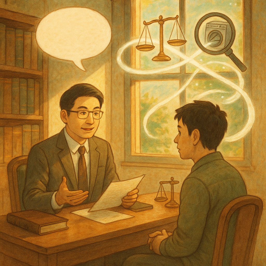 溫暖柔光下的律師事務所,一位台灣律師與民眾對坐諮詢;窗外漂浮的無字對話泡泡與天秤、放大鏡、洗衣機中旋轉的鈔票化作潔白光帶,象徵洗錢罪與查核流程,手繪質感如吉卜力般奇幻寫實。