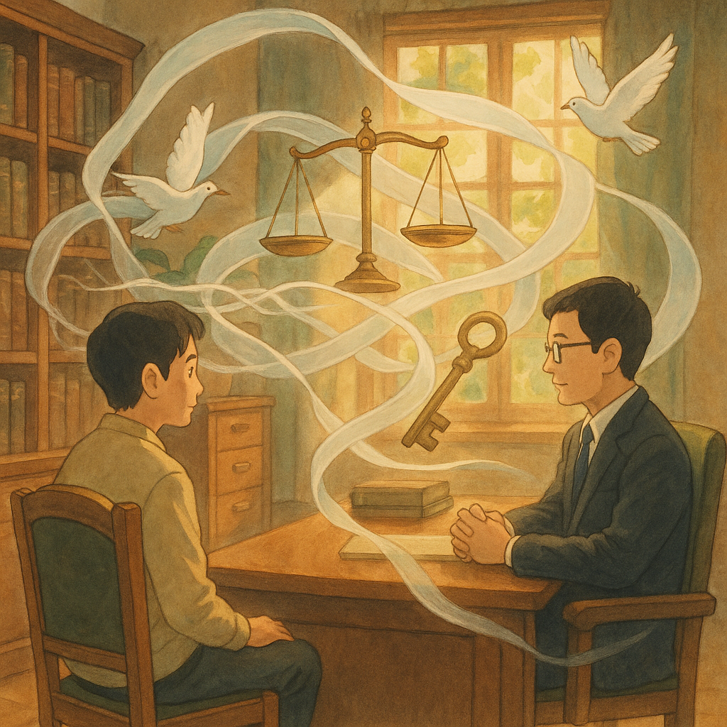 溫暖光線灑入木質事務所，台灣人律師與當事人對坐諮詢；半透明絲帶如無形枷鎖盤繞又解開，天平、鑰匙與飛鳥環繞，象徵妨害自由的爭議與解方，吉卜力風柔彩電影感手繪質感，無文字。