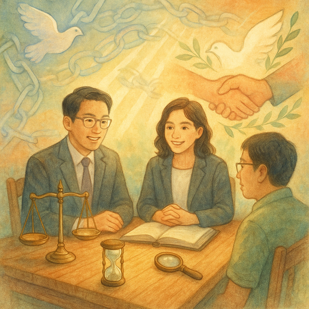 溫暖自然光下，兩位台灣律師與當事人在木桌旁諮詢；半透明鎖鏈環繞又被光束鬆開，旁有天秤、流沙沙漏與放大鏡、握手枝葉化作鴿子，手繪質感、奇幻柔色。