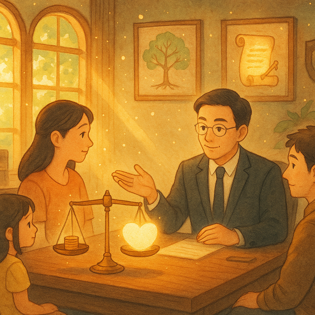 吉卜力風柔光律所內,暖陽與漂浮光粒瀰漫;台灣律師以溫和神情為一家三口諮詢。木桌上天平平衡遺產與心形光球,象徵特留分保障;家譜樹、發光卷軸、鑰匙與護盾圖像環繞,手繪質感,無任何文字。