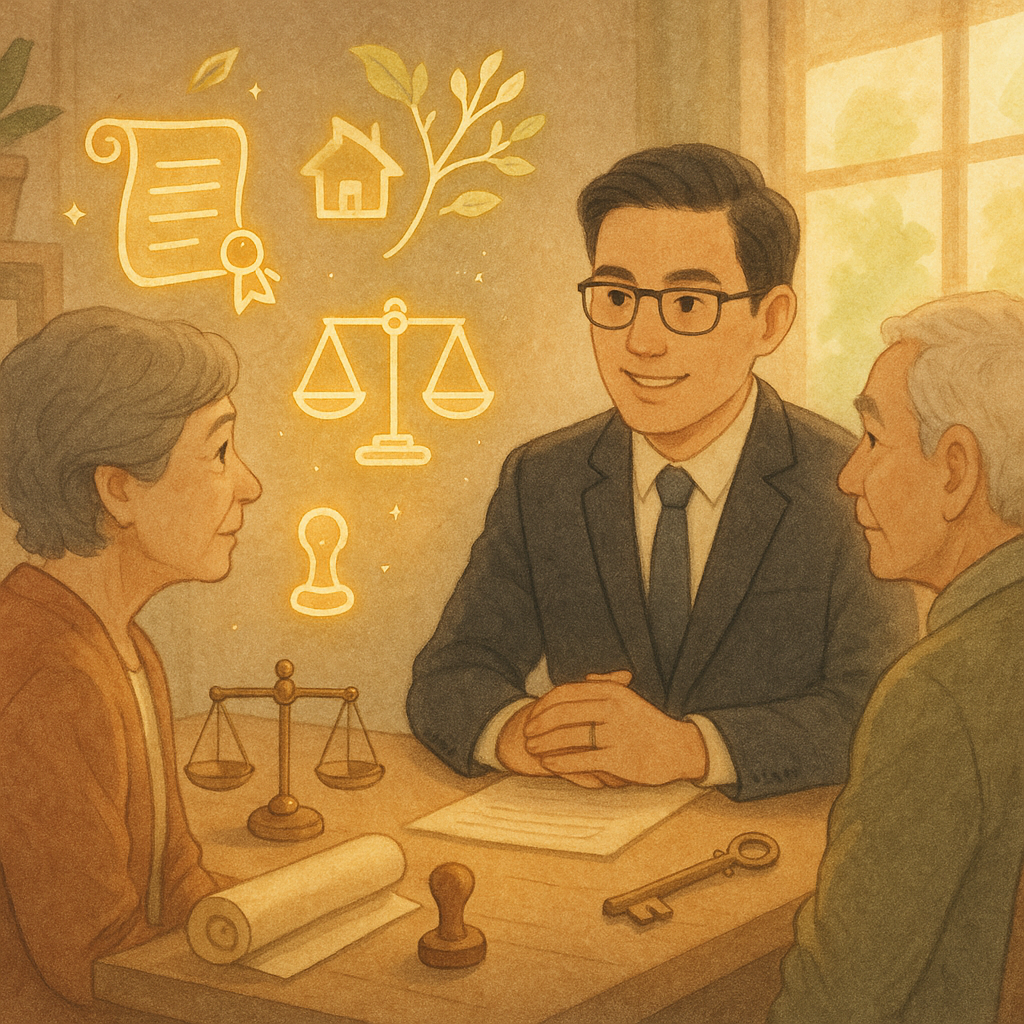 溫暖自然光下的手繪事務所裡，一位台灣律師與家人諮詢遺產，神情專業溫暖；桌上卷軸、印章、天秤與鑰匙化作發光符號，房屋與家譜葉片在空中輕浮，柔和色彩與紙質紋理營造電影感的奇幻現實氛圍，畫面無文字。