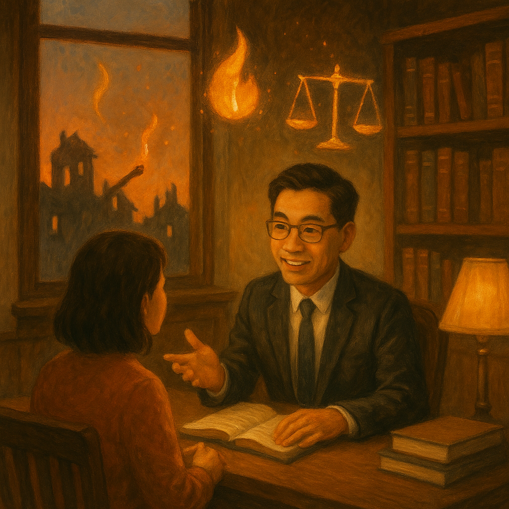 黃昏暖光下,台灣律師與當事人在木質事務所諮詢;窗外焦黑屋宇剪影中,火燼化作指引燈火、天秤與熄滅火柴等符號飄浮,手繪質感,柔色自然光,奇幻電影感,高解析度,無文字