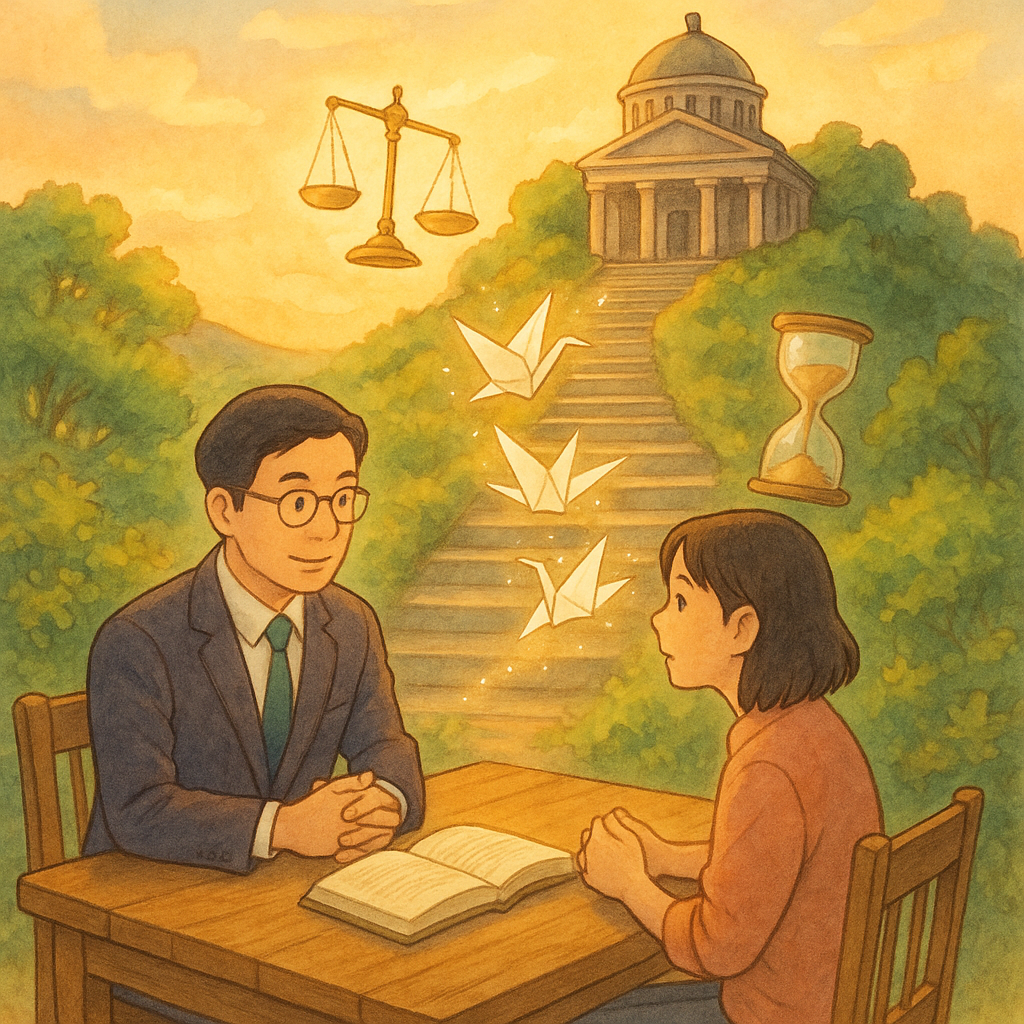 溫暖晨光下,台灣律師與民眾在木桌諮詢,檔案化作發光紙鶴沿階梯飛向山丘法院,天平與沙漏漂浮其間,象徵抗告流程、期限與常見疑問,柔和手繪、吉卜力風格。