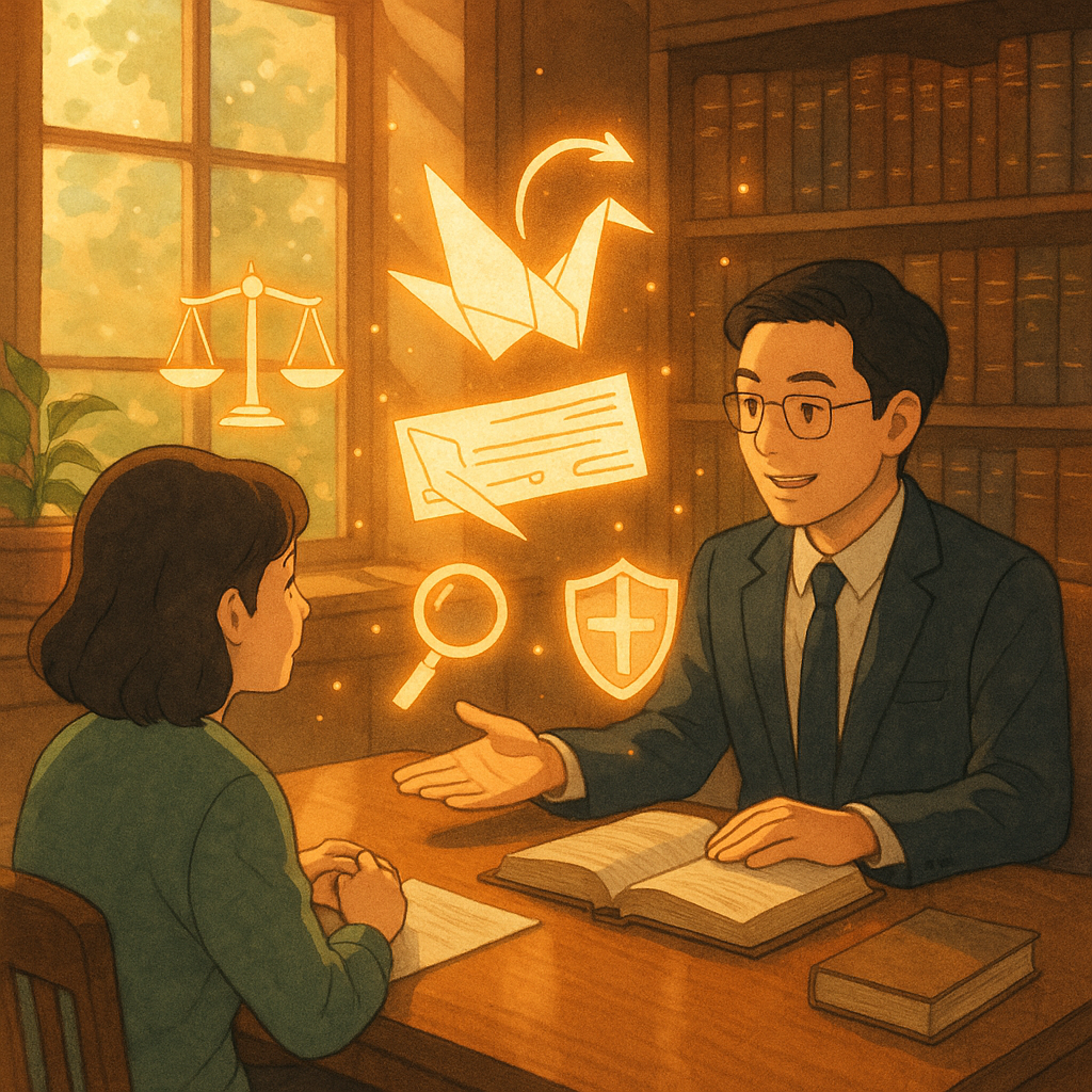 暖色自然光灑入木質律所,台灣律師與客戶圍坐討論。桌上漂浮手繪票據法意象:支票與背書箭頭化作發光紙鶴,天平、放大鏡與盾牌圖像環繞,象徵案例研究與風險控管。吉卜力風格,細微光粒營造魔幻沉浸感。畫面無文字。