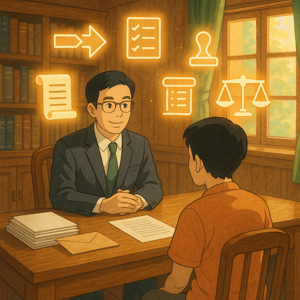 吉卜力風溫暖場景:台灣律師與民眾在木質書房諮詢,柔光灑落。茶香化作發光圖示——流程箭頭、清單、印章、範本卷軸、時程日曆與天秤,在空中緩緩飄浮,桌上整齊文件與信封,寓意訴願的實務流程與準備。