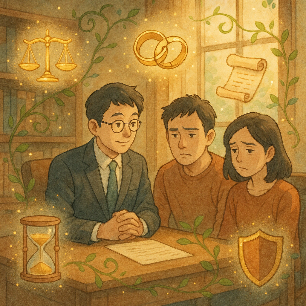 溫暖自然光下、柔和色彩，吉卜力風格高解析手繪質感插畫：台灣律師與夫妻在木質事務所諮詢，表情細膩。周圍漂浮象徵圖示：微光天平、裂痕婚戒、合約卷軸、沙漏與盾牌，藤蔓與光粒環繞，魔幻且專業；無文字。