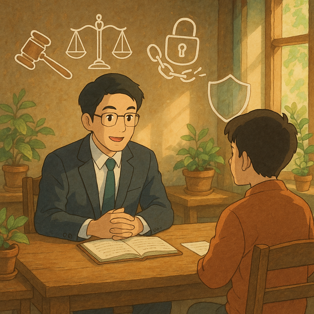 溫暖魔幻的吉卜力風格場景:台灣律師與民眾在木質諮詢桌前交流,柔和自然光灑入。桌旁漂浮手繪圖標—法槌、天秤、鎖與斷裂鎖鏈、盾牌與時鐘—象徵強制罪與權益保障。細膩筆觸、植物點綴,氛圍安心專業、故事感濃。