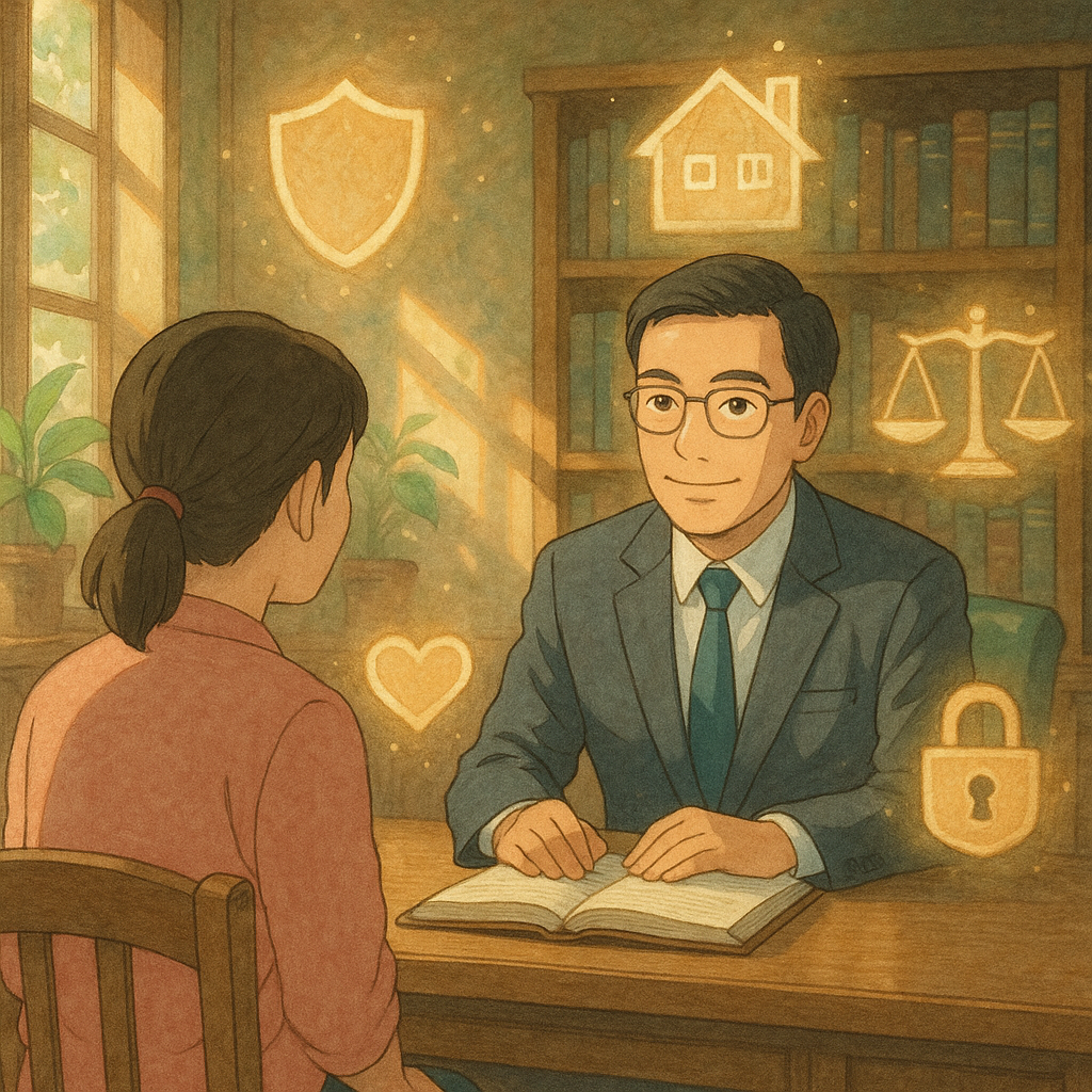 高解析度吉卜力風插畫：日光灑入木質諮詢室，台灣律師與民眾對坐交流，表情溫和專業；周圍漂浮手繪盾牌、天平、家屋、心與鎖等象徵保護令的魔幻光影；柔色、自然光、細膩筆觸，沉浸且無文字。