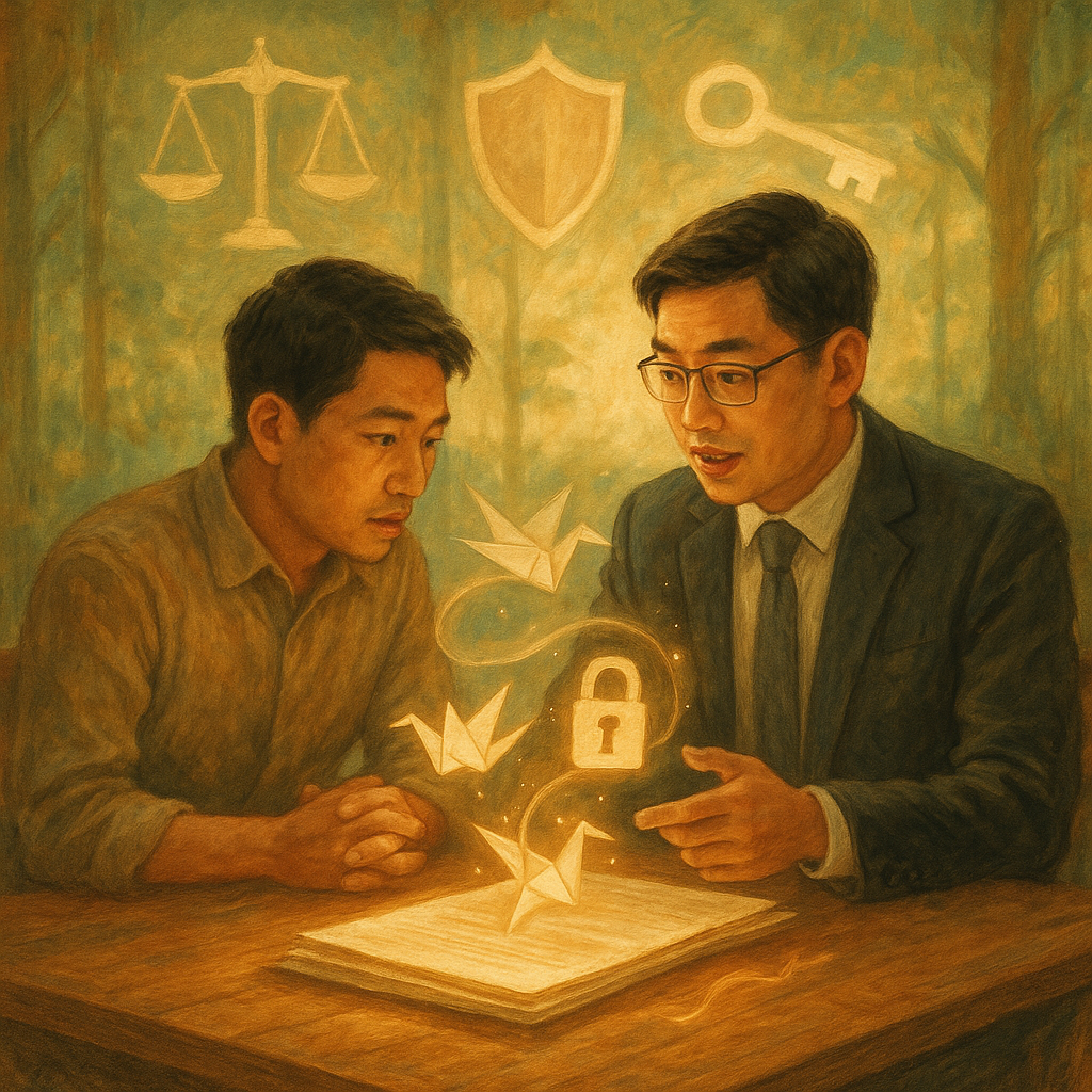柔和日光下，台灣律師與客戶在木桌旁低聲商討，桌上卷宗化作微光紙鶴與鎖形圖示盤旋；天光映出天平、盾牌與密鑰的幻影，森林色調溫暖細膩，手繪質感營造奇幻卻專業的洩密風險諮詢氛圍。
