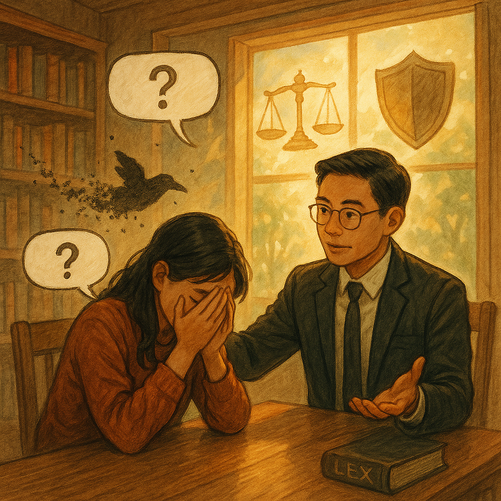 溫暖自然光下，台灣人律師在木質書屋中安撫當事人；天光中浮現天秤、法典與盾牌等象徵，黑影鳥形耳語化作光粒散去，手繪質感、奇幻電影氛圍，無字對話框點出疑問與解答。