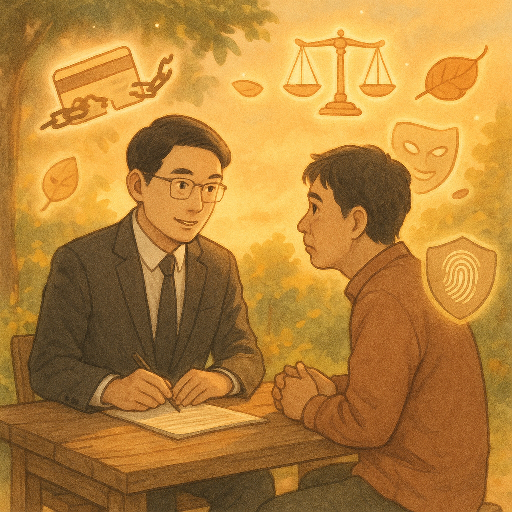 溫暖夕光下，台灣律師與民眾在木桌前諮詢；周圍漂浮柔光圖標：銀行卡綁著斷裂鎖鏈、面具化作落葉、天秤與法槌、指紋與盾牌，象徵揭露人頭帳戶。手繪質感、自然光影、吉卜力式溫柔色調、微微魔幻氛圍、畫面無文字。