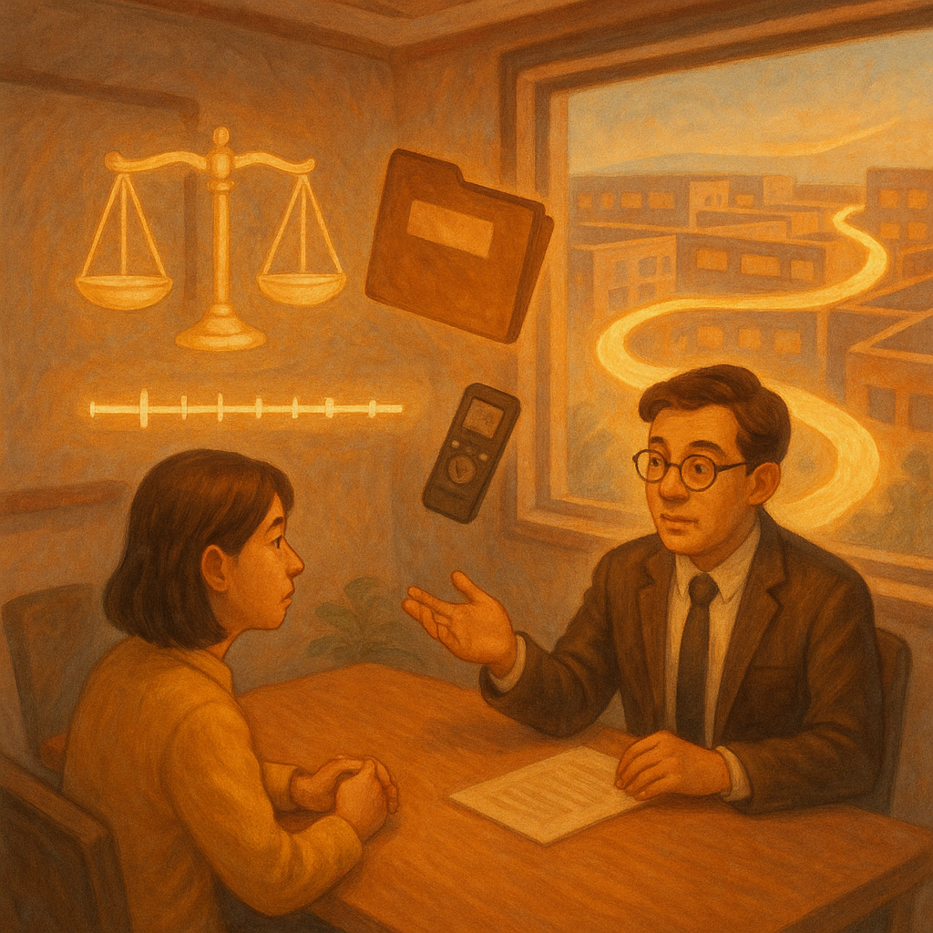 溫暖魔幻手繪風：台灣上班族在柔光會議室向律師諮詢，桌上漂浮天秤、檔案夾、錄音筆與時間軸，窗外光帶化作申訴路徑，遠處辦公格子若迷宮，象徵職場霸凌蒐證與申訴。