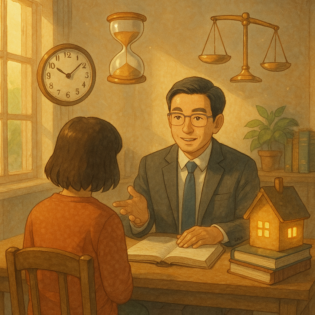 溫暖自然光與柔和色彩中,手繪事務所內一位台灣律師與台灣民眾諮詢;周圍漂浮時鐘、沙漏、天秤與發光小屋,象徵時效取得與常見疑問的解答,吉卜力式奇幻細膩,畫面無字。