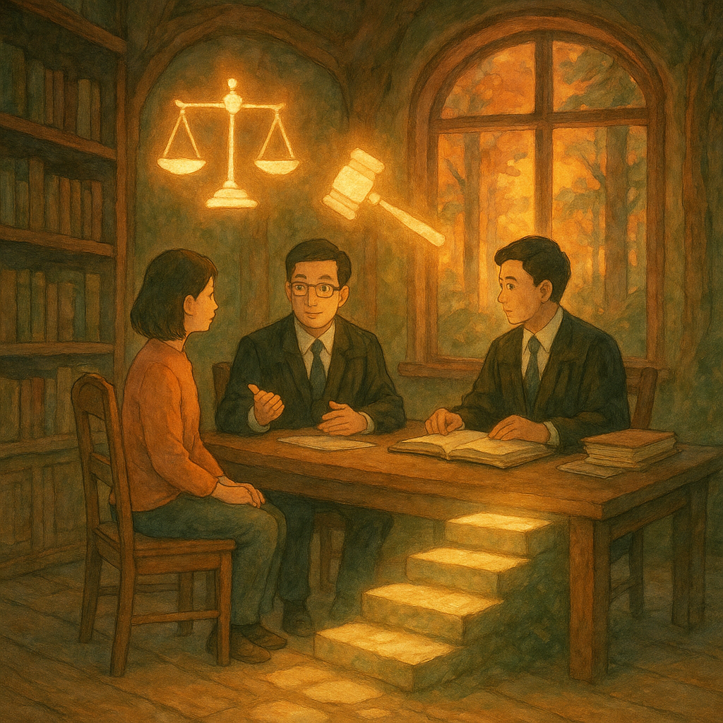 黃昏林間工作室裡,兩位台灣律師與當事人溫柔討論;天平、法槌與卷宗化作漂浮光影,象徵執行事件訴訟。發光石階指引結論與行動路徑,柔色自然光、手繪質感,吉卜力氛圍,畫面無文字。