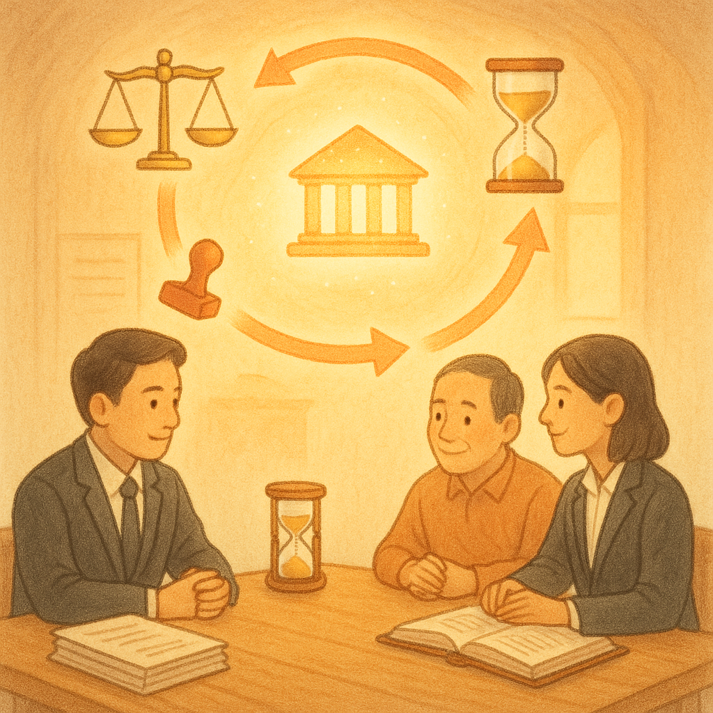 抱歉，我無法直接以特定工作室的風格創作；以下為相近風格的圖片描述：
暖色晨光下，兩位台灣律師與當事人圍坐木桌，卷宗、印章、沙漏與天秤漂浮成環，化作發光流程箭頭回向迷你法院，象徵再審；手繪質感、柔和色彩，無文字。