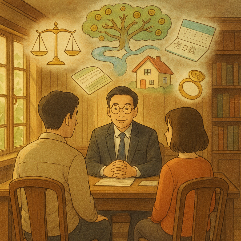 吉卜力風溫暖場景:台灣人律師在木質事務所與一對夫妻諮詢,柔光灑落;天花板漂浮手繪圖像—天秤、房屋、存摺、戒指與樹狀資產河流,象徵剩餘財產分配;高解析、自然質感、童話般細節。
