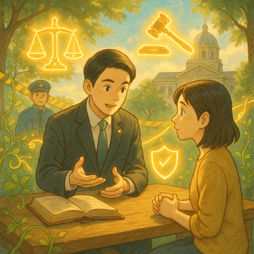 吉卜力風溫暖自然光下，台灣律師與民眾在木桌前諮詢，表情專注溫和；天光化作發光的天秤、法槌、盾牌與卷宗環繞，手繪質感細膩。遠處友善警員與市政建築剪影，柔和警戒帶化作藤蔓與光路，象徵妨害公務風險與實務建議的指引。