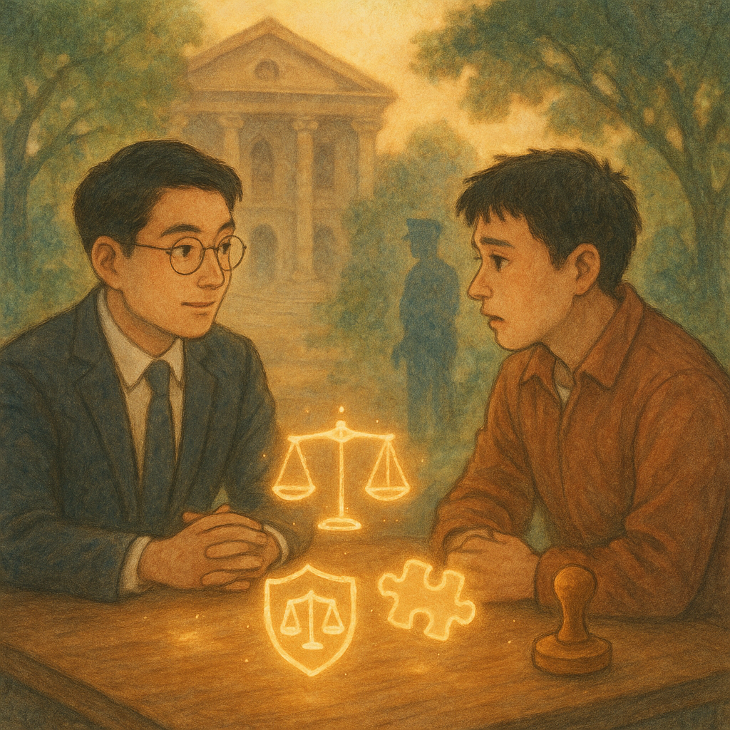 溫暖柔光下，台灣人律師與當事人於木桌會談，桌面漂浮天秤、盾牌、拼圖與公章等發光圖像；遠處朦朧法院與巡邏警影化作樹影，手繪質感、吉卜力奇幻氛圍，呈現妨害公務爭點與辯護策略，畫面無文字。