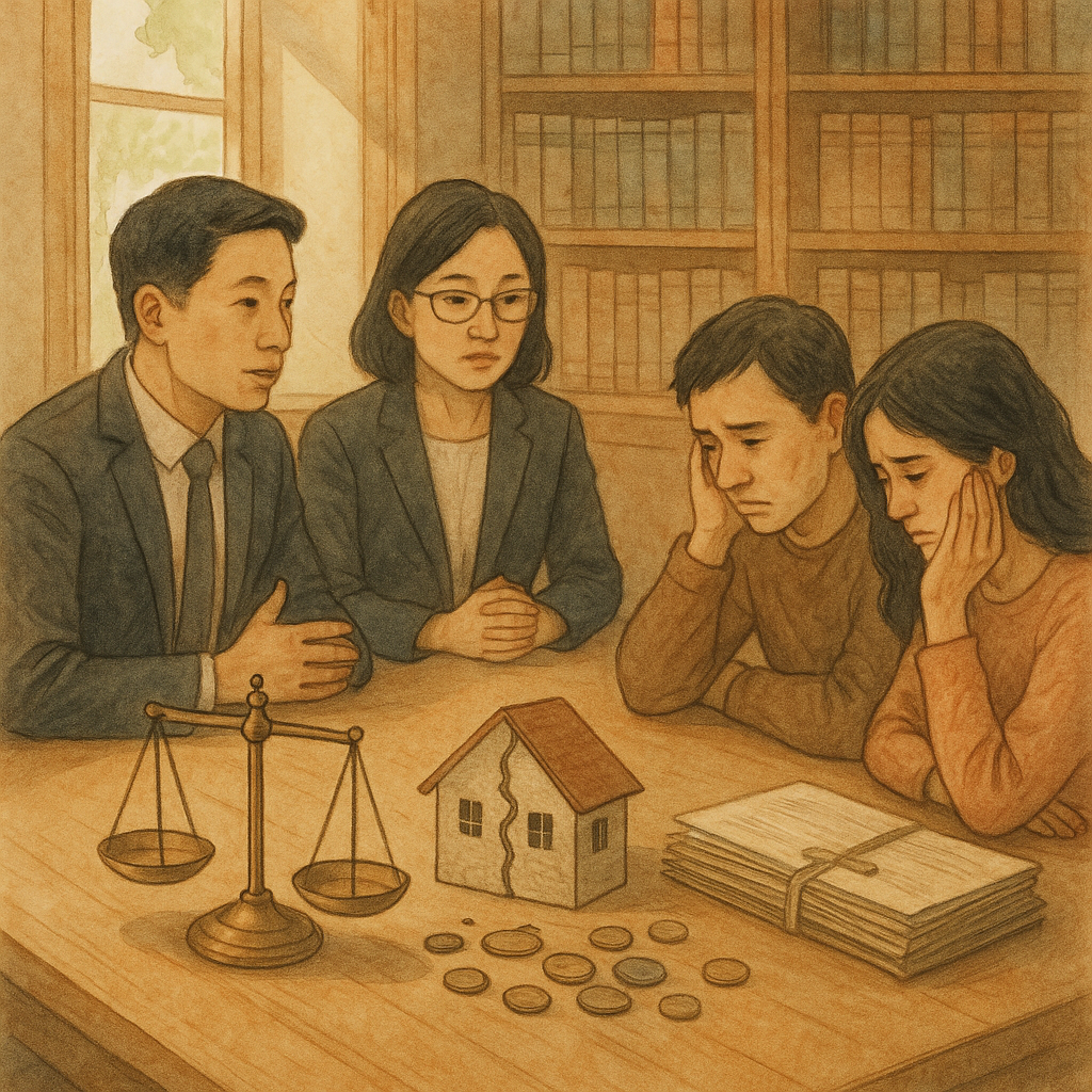 溫潤木質律所中，兩位台灣律師與一對疏離夫妻低聲諮商；自然光灑落、手繪柔色。桌上天秤、裂紋小屋、散落硬幣與卷宗象徵家庭破裂與賠償風險，魔幻寫實，畫面無文字。