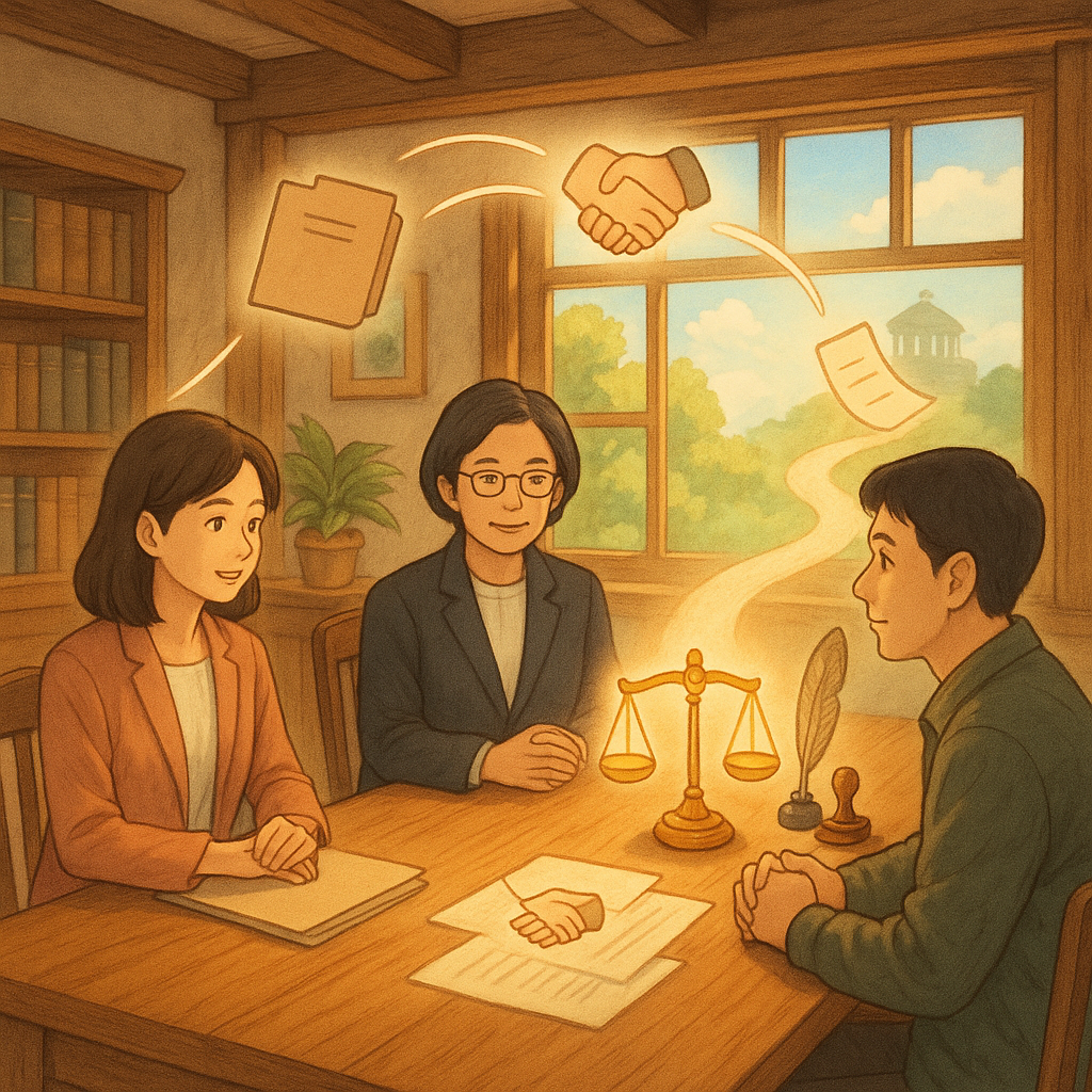 溫暖日光下的吉卜力風木質事務所，兩位台灣律師與台灣當事人圍桌洽談，柔和表情。桌上檔案夾與發光的天秤、羽毛筆、印章與握手符號漂浮成流程弧線，紙張化作小徑通往遠處法庭剪影，高解析手繪、自然色調、無文字。
