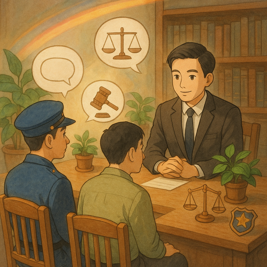 吉卜力風溫暖律師諮詢室裡，台灣人律師、警察與民眾沉穩對談，木質桌面與綠植點綴；周圍漂浮無字對話泡泡、天平、法槌、警徽與柔光色帶，象徵常見問題與妨害公務界線，手繪質感自然光、魔幻寫實。