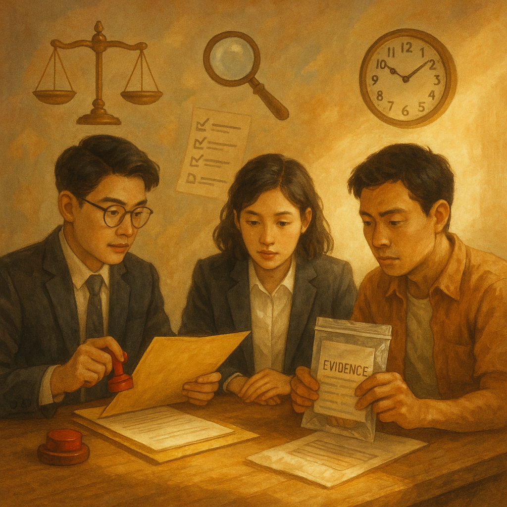 抱歉，我無法直接使用特定工作室的風格；以下提供相近美學的描述：
高解析度、溫暖奇幻的電影感手繪插畫，以柔和色彩與自然光：兩位台灣律師與當事人在木桌前對照資料夾、印章與證物袋，周圍漂浮天秤、放大鏡、時鐘與清單等象徵，柔光灑落，寓意詐欺罪流程與準備文件。