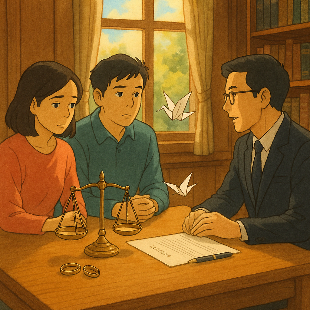 暖色系木質律所內，兩位台灣人夫妻與專業律師平和對談，窗外灑入柔和自然光。桌上天秤、分開的戒指、法律文件與飄浮紙鶴象徵離婚的結論與新開始；吉卜力風格、高解析度手繪質感，電影感構圖，無文字。
