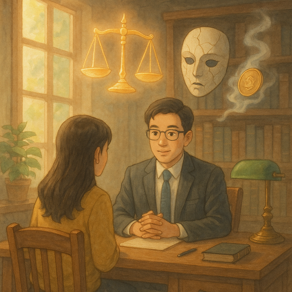 溫暖自然光下，台灣律師與當事人於木質事務所對談；空中漂浮發光的天秤、碎裂面具與化作煙霧的硬幣象徵詐欺罪；手繪質感、柔色與微妙魔法，呈現吉卜力式溫暖奇幻、電影感的法律諮詢場景，畫面無文字。