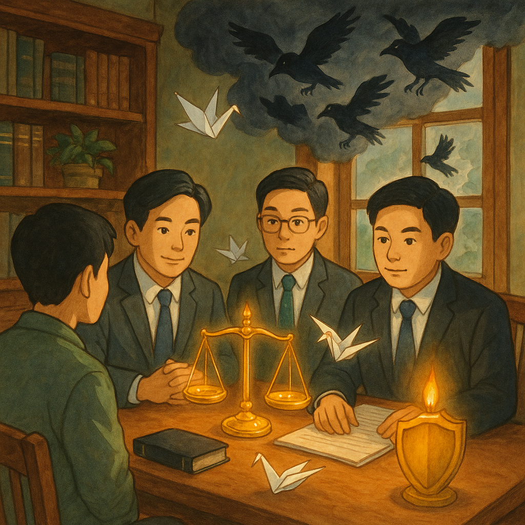 溫暖木質事務所裡，兩位台灣人律師與民眾面對面諮詢；窗外朦朧陰影化作烏雲與黑羽，象徵恐嚇。桌上發光天秤、護盾形燭光與漂浮紙鶴環繞，柔和自然光、吉卜力風手繪質感，魔幻而安心，細節豐富，無文字。