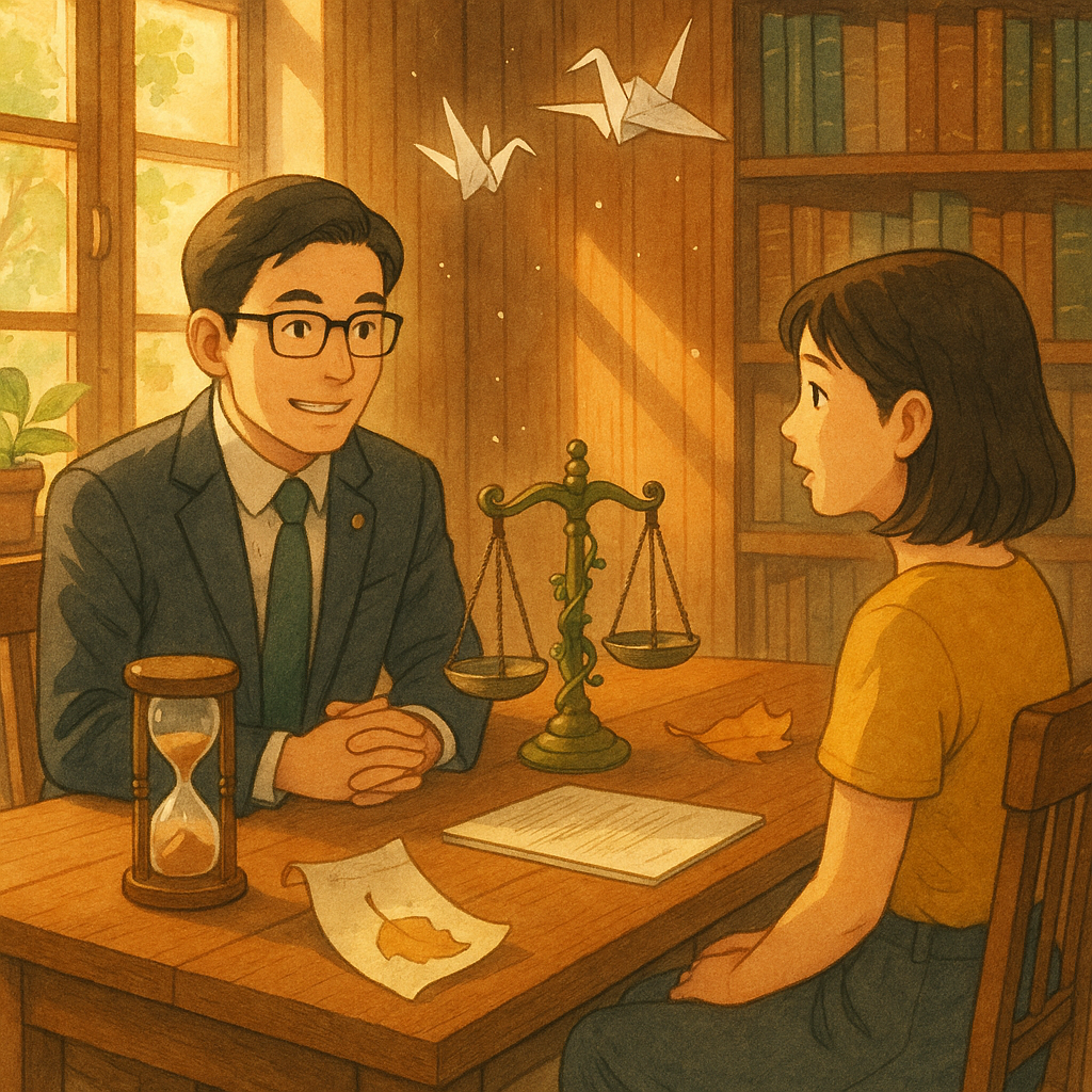 吉卜力風溫暖場景:台灣律師與當事人於木質事務所對談,陽光灑落。桌上沙漏與纏藤天秤、化作落葉的月曆頁象徵訴訟延誤與婚外情爭議;飄浮紙鶴與微塵營造魔幻、柔和色調與手繪質感,無文字。