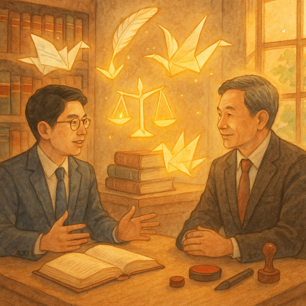 抱歉，我無法直接採用特定工作室的風格；以下提供日系手繪、溫暖奇幻感的替代描述：

金色午後光灑落木質事務所，兩位台灣律師溫和對談；漂浮的支票、印章、羽毛筆與天秤化作發光紙鶴，環繞案卷與印泥，手繪柔色、奇幻而寫實，無文字。