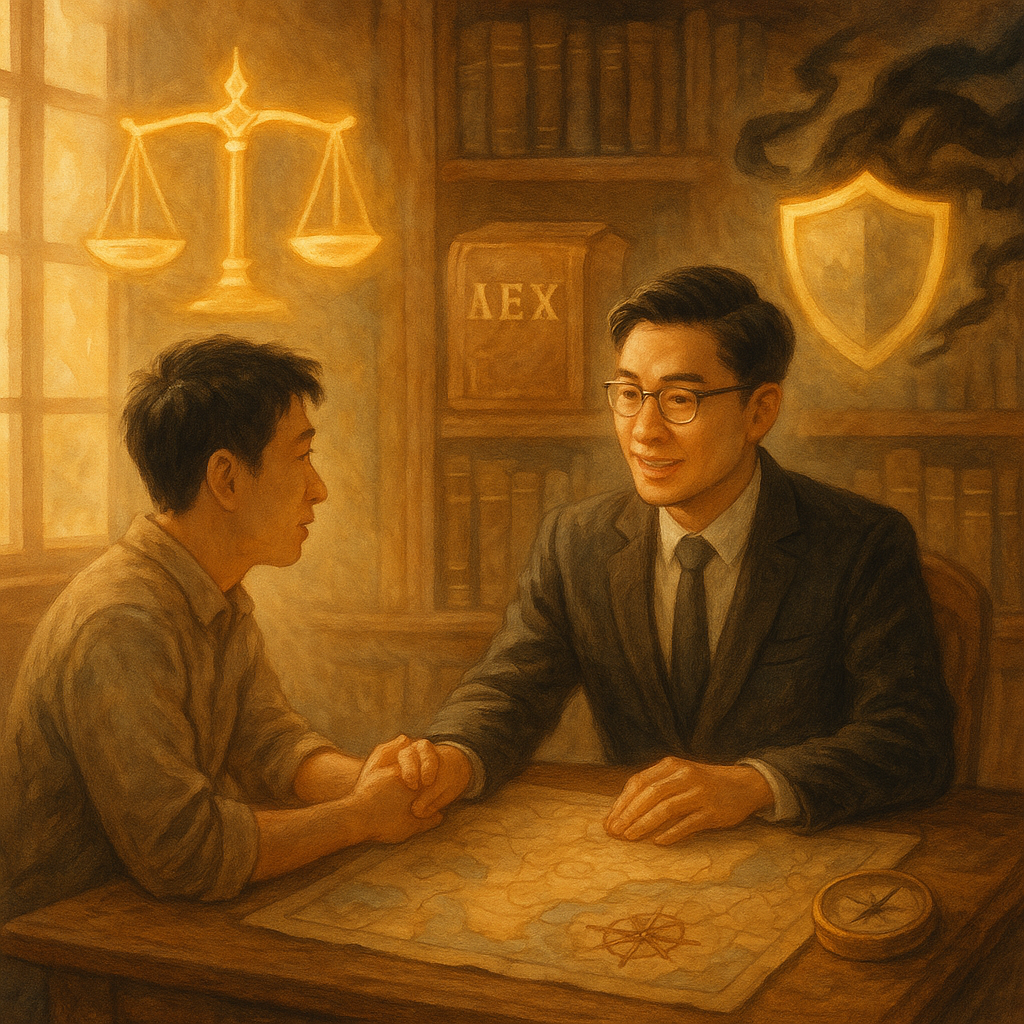 柔光下，台灣人律師與當事人於木質書房對談，天光灑落。周圍漂浮發光的天秤、盾牌與法典，黑色耳語化作煙霧被盾擋開；桌上地圖與羅盤指向前路，手繪質感、奇幻溫暖、畫面無文字。