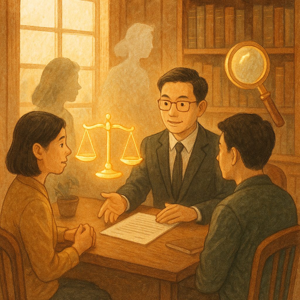 木質律所裡,台灣人律師與兩位台灣人諮詢;窗光柔和、手繪質感。文件旁漂浮發光天秤與放大鏡,半透明第三者剪影輕盈遊走,溫暖而奇幻。